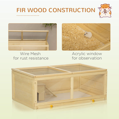 PawHut Wooden Hamster Cage with Sliding Tray, Openable Top, Hut for Syrian Hamster, Natural Wood Finish