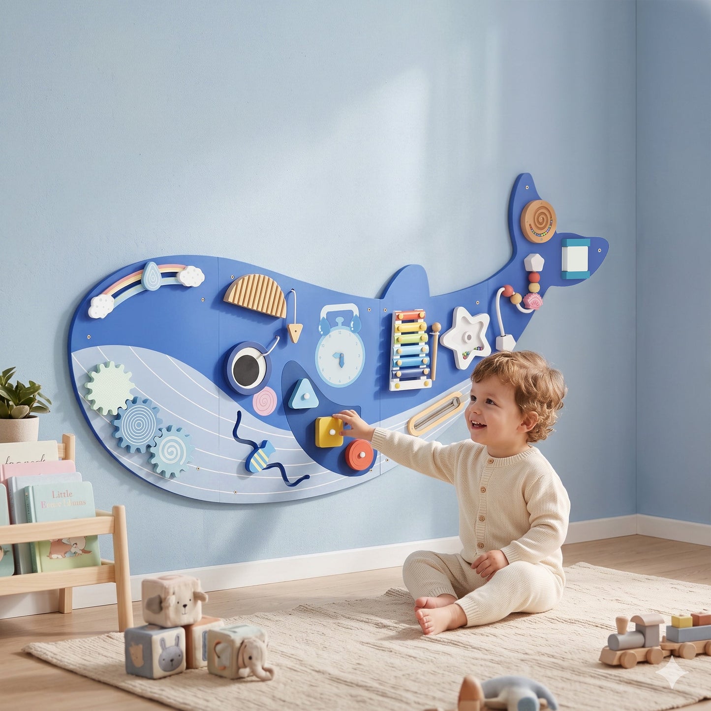 AIYAPLAY Whale Activity Wall Busy Board, 13 in 1 Montessori Inspired Sensory Wall Panel for Playroom Nursery Boys Girls 2+, Blue