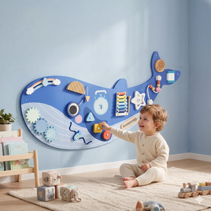 AIYAPLAY Whale Activity Wall Busy Board, 13 in 1 Montessori Inspired Sensory Wall Panel for Playroom Nursery Boys Girls 2+, Blue