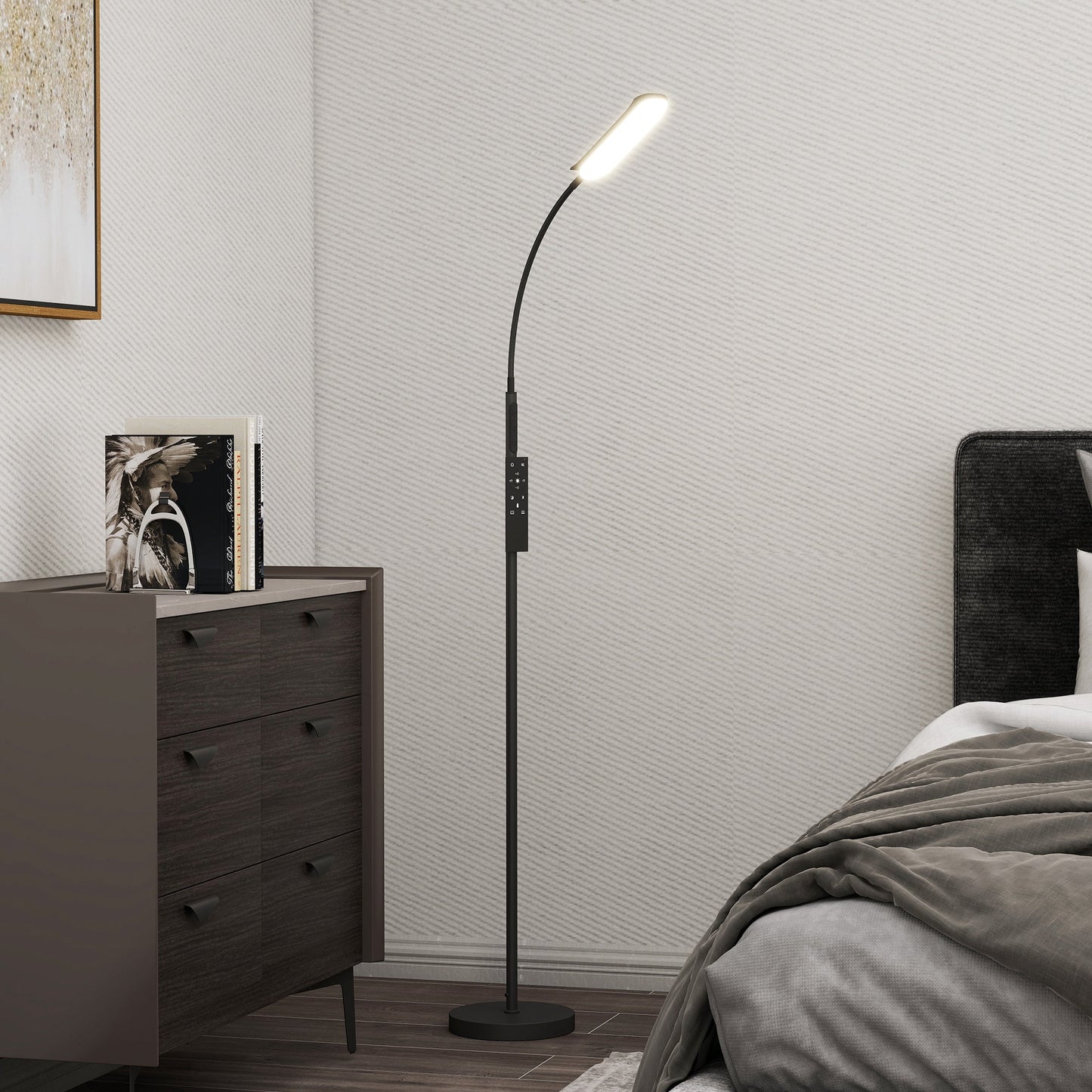 HOMCOM LED Floor Lamp, Standing Lamp with Remote & Touch Control, Stepless Dimmable Colours Temperature & Brightness, 360 degrees Adjustable Gooseneck, 1 Hour Timer, Memory Function for Living Room, Black