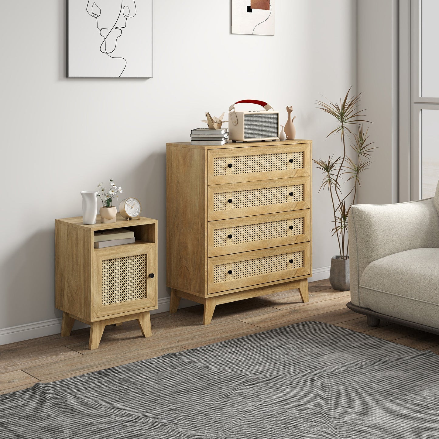 HOMCOM Chest of Drawer with 4 Rattan Drawers, Beside Table with Door, Natural