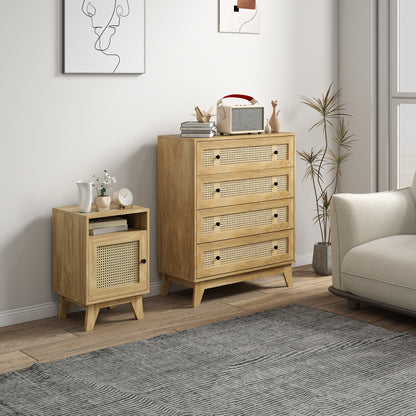 HOMCOM Chest of Drawer with 4 Rattan Drawers, Beside Table with Door, Natural