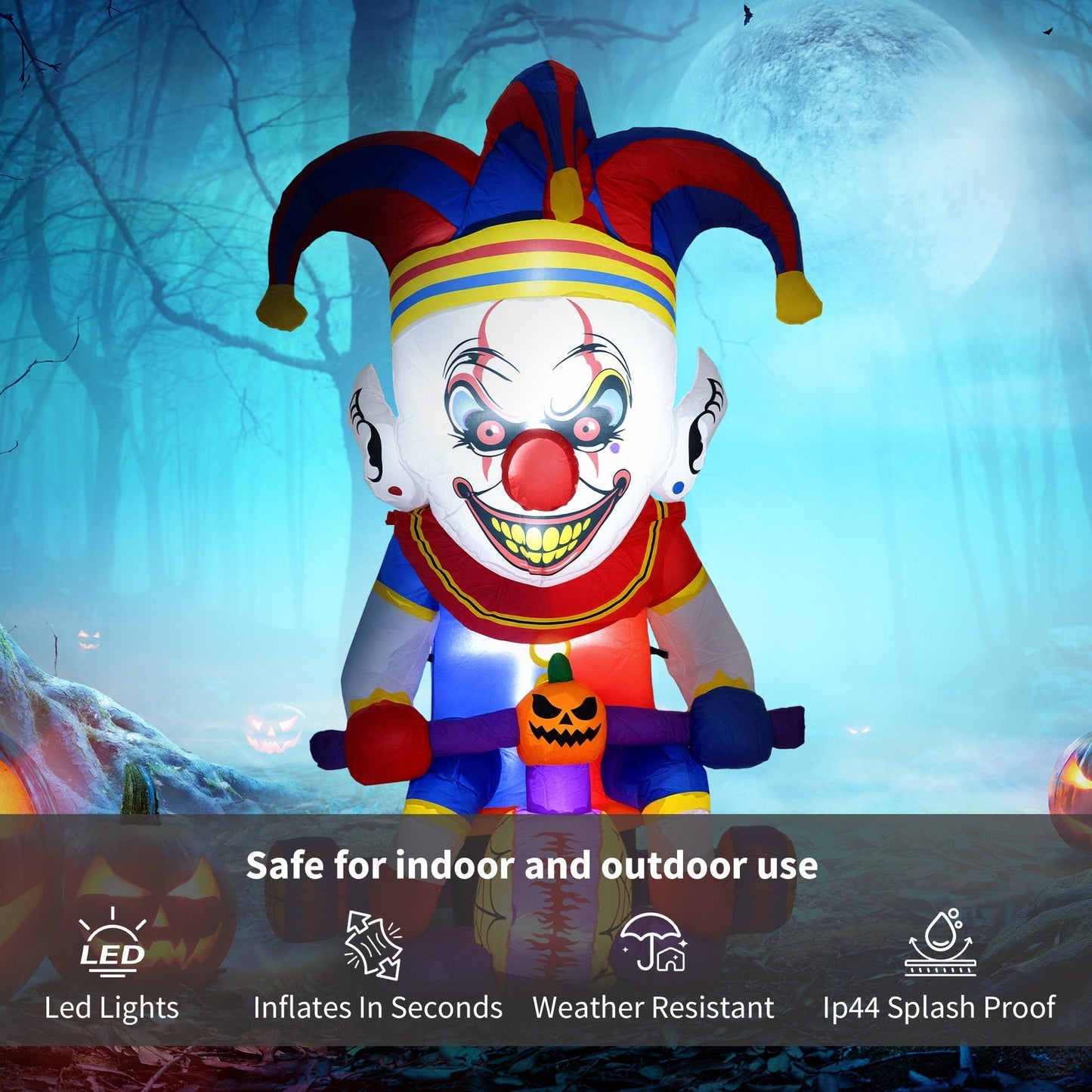 Outsunny 4ft Halloween Inflatable Clown on Bicycle, Blow Up Outdoor Halloween Decoration with 3 Built-in LED Lights for Garden, Party Indoor Outdoor