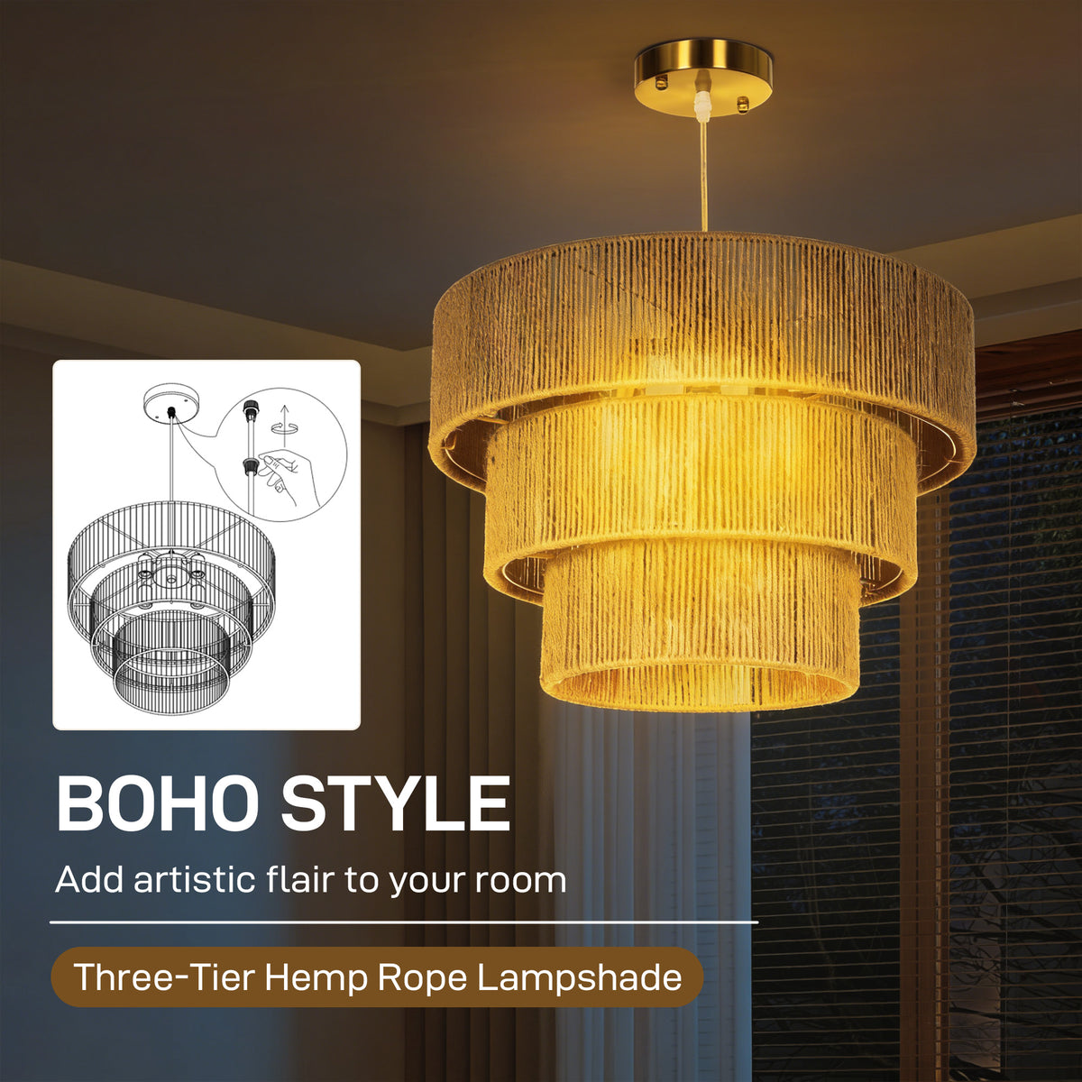 HOMCOM Hemp Rope Ceiling Light in Tan