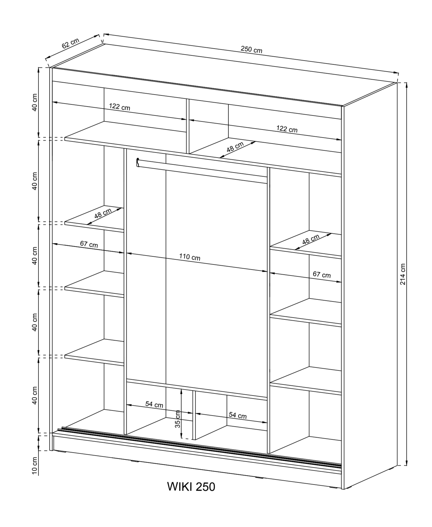Measurement chart of a wardrobe with dimensions labeled