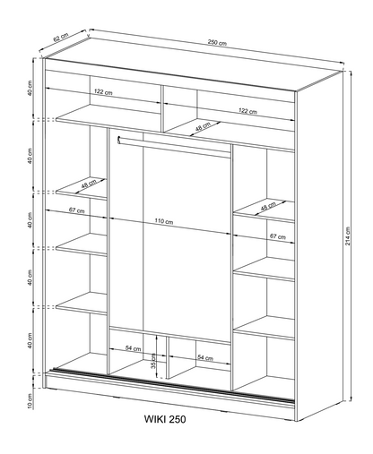 Measurement chart of a wardrobe with dimensions labeled