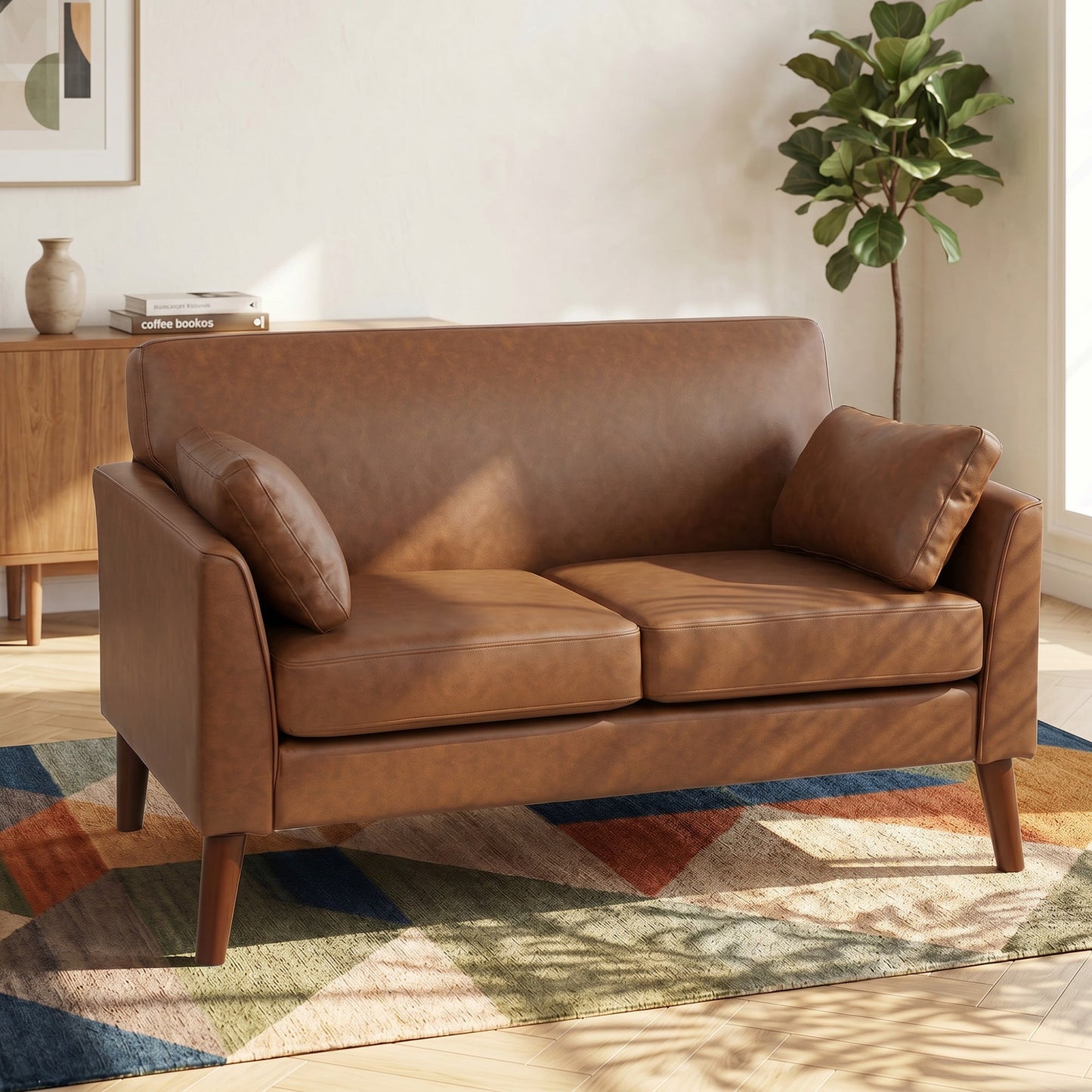 HOMCOM 2 Seater Sofa, 132 cm Modern Small Sofa with Solid Wood Legs and 2 Pillows for Small Space, Brown