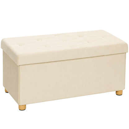 HOMCOM Velvet Upholstered Foldable Ottoman Footrest, Storage Ottoman Bench with Wood Legs for Living Room, Cream White