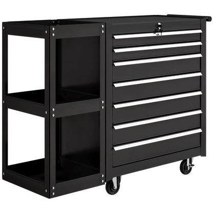 HOMCOM Lockable Steel Tool Chest on Wheels, 7 Drawer Tool Box with Handle for Workshop, Garage, Black