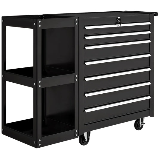 HOMCOM Lockable Steel Tool Chest on Wheels, 7 Drawer Tool Box with Handle for Workshop, Garage, Black