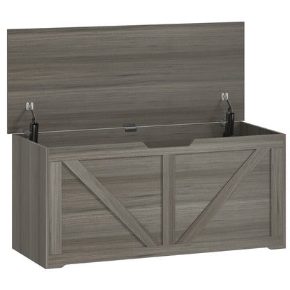 HOMCOM 127L Home Storage Box, with Safety Hinges - Dark Grey Wood-Effect