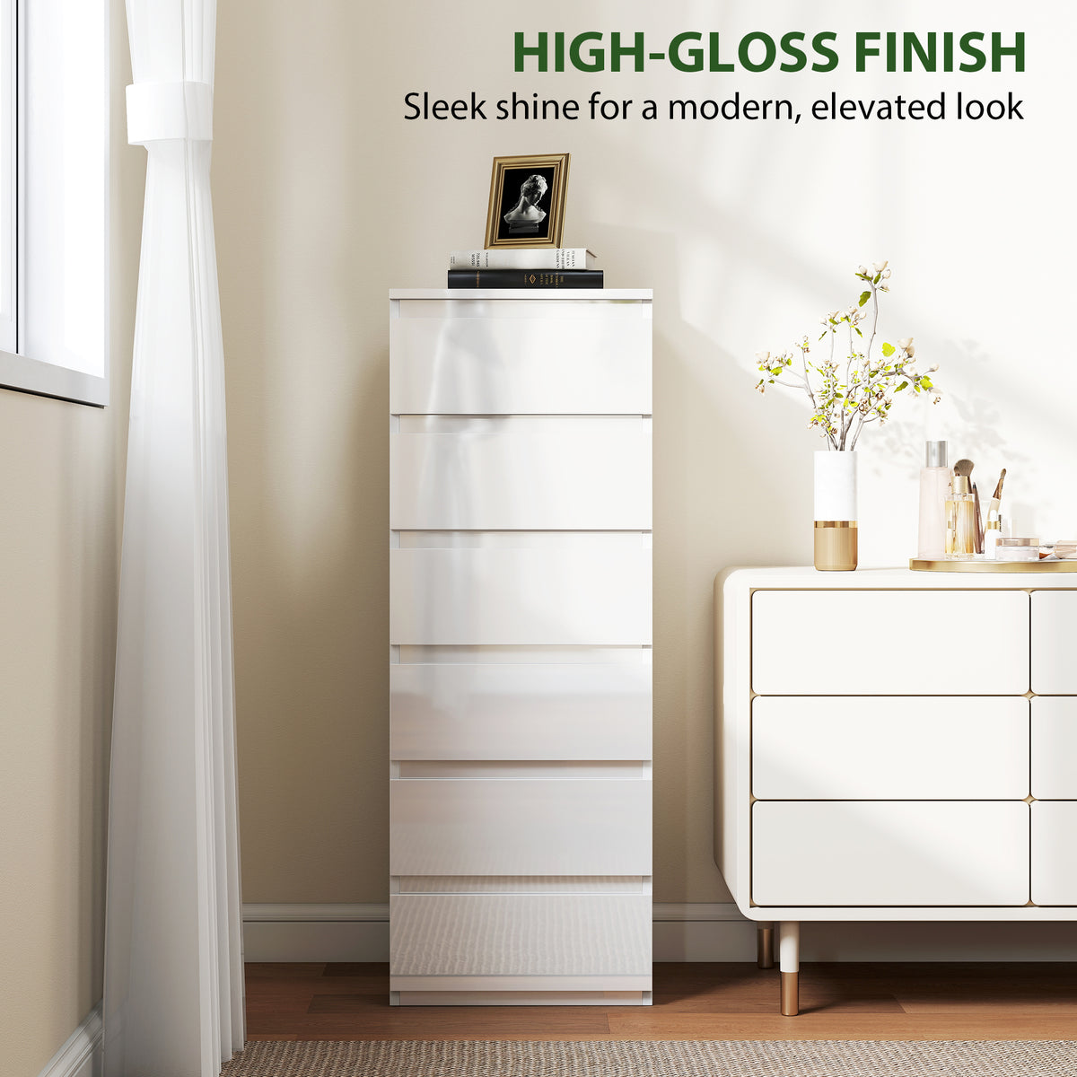 HOMCOM Chest of Drawers High Gloss Finish 6 Drawer Dresser in High-gloss White