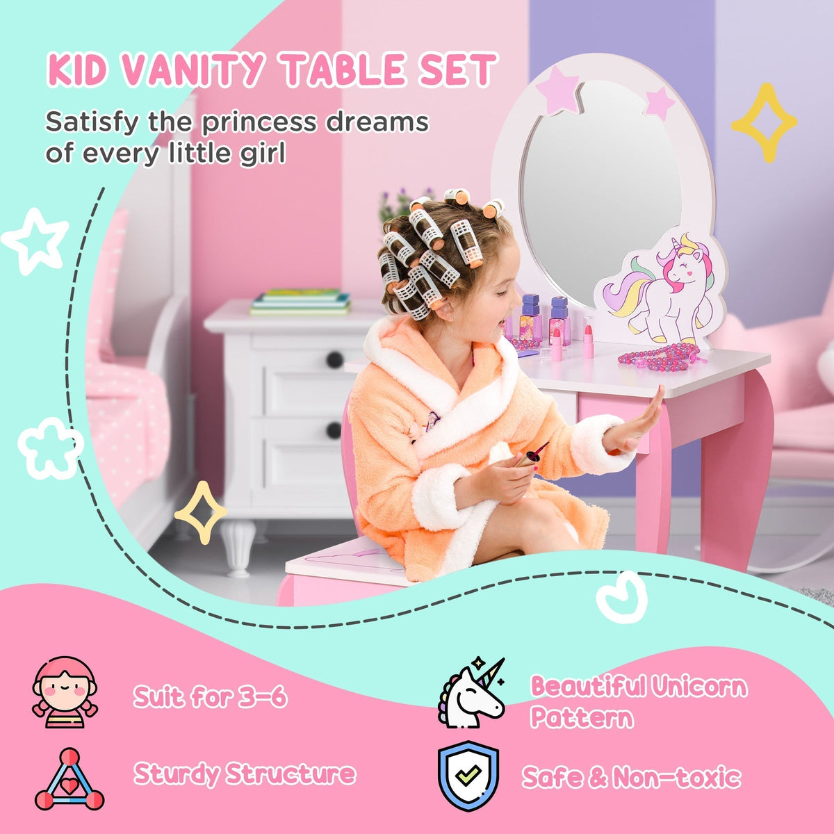 HOMCOM Kids Dressing Table with Mirror, Stool, Pink