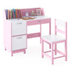 Kid's Study Desk and Chair Set with Deep Drawer and Enclosed Cabinets-Pink