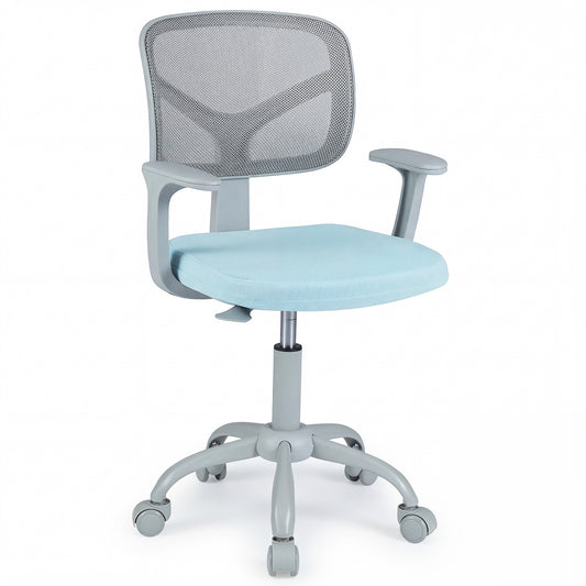 Kids Desk Chair with a blue seat and grey mesh backrest on a five-star base with swivel wheels