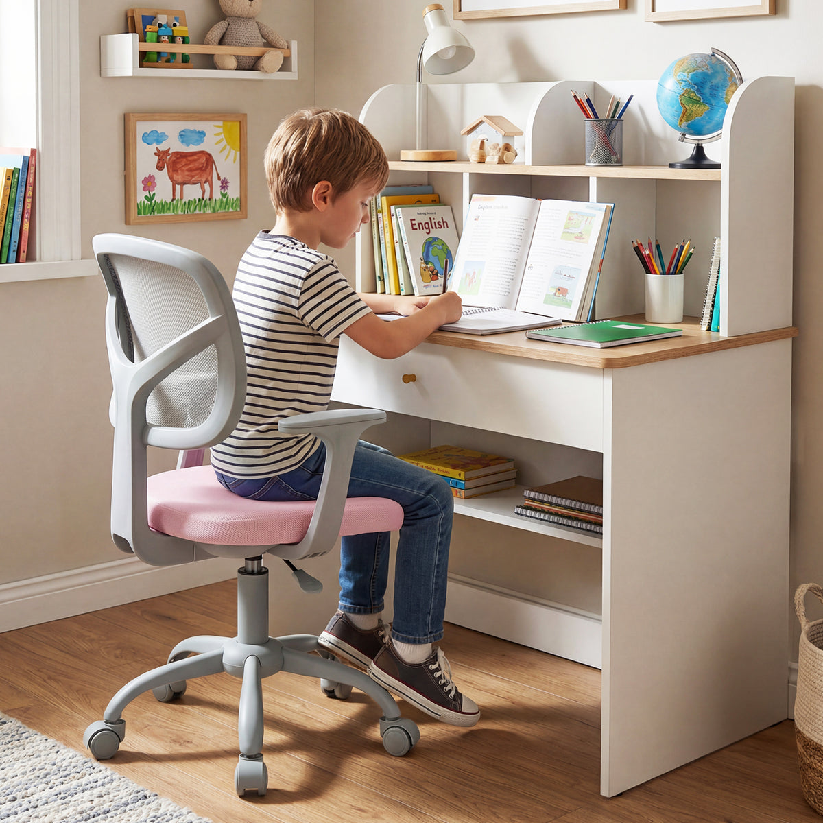 Kids Desk Chair with Adjustable Seat Height and Swivel Wheels for Ages 3+-Pink