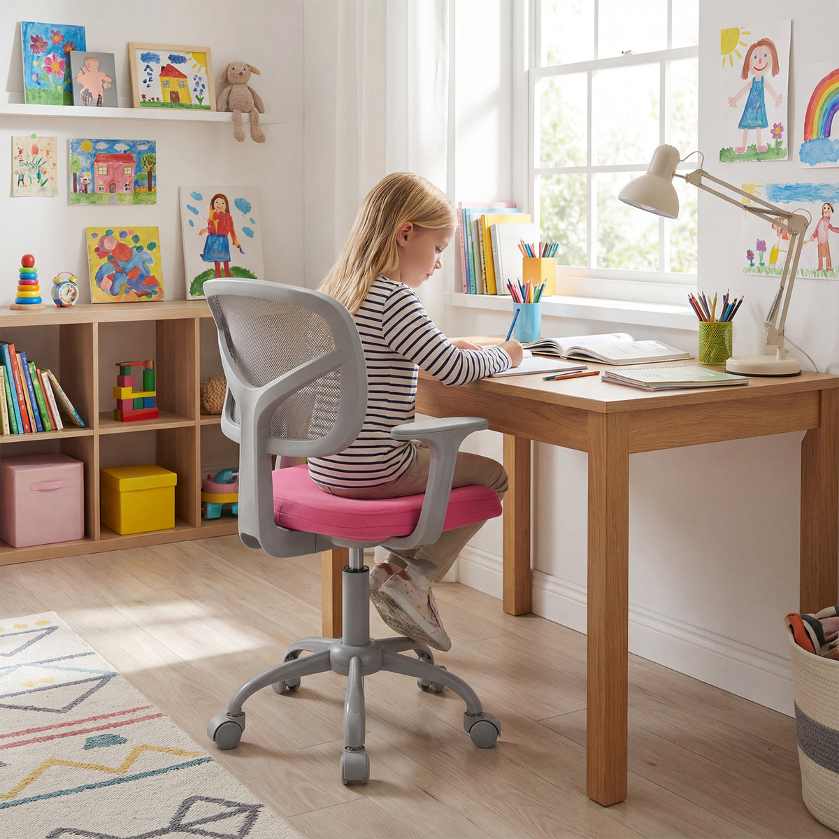 Kids Desk Chair with Adjustable Seat Height and Swivel Wheels for Ages 3+-Rose