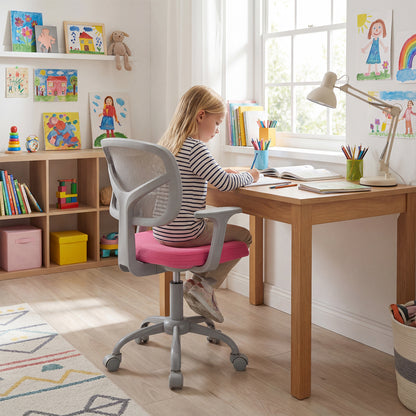 Kids Desk Chair with Adjustable Seat Height and Swivel Wheels for Ages 3+-Rose