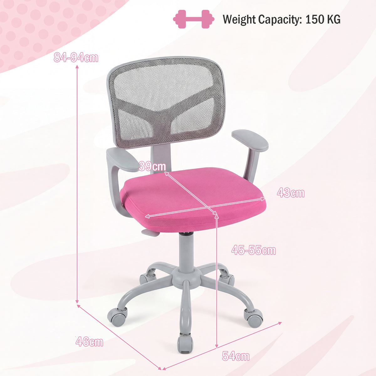Kids Desk Chair with Adjustable Seat Height and Swivel Wheels for Ages 3+-Rose