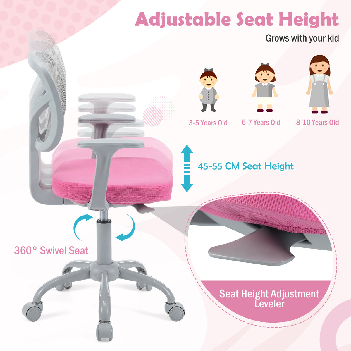 Kids Desk Chair with Adjustable Seat Height and Swivel Wheels for Ages 3+-Rose