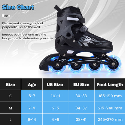 Size chart for the grey adjustable roller skates showing age and foot length