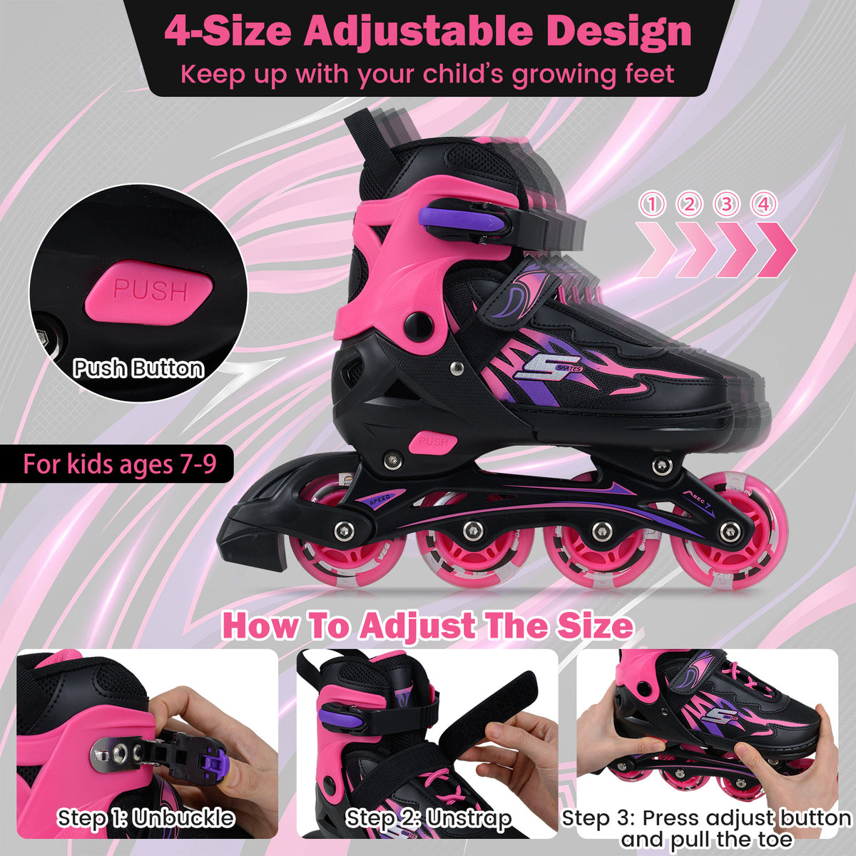 The toy sports skates with diagrams showing how to adjust the size using the push button