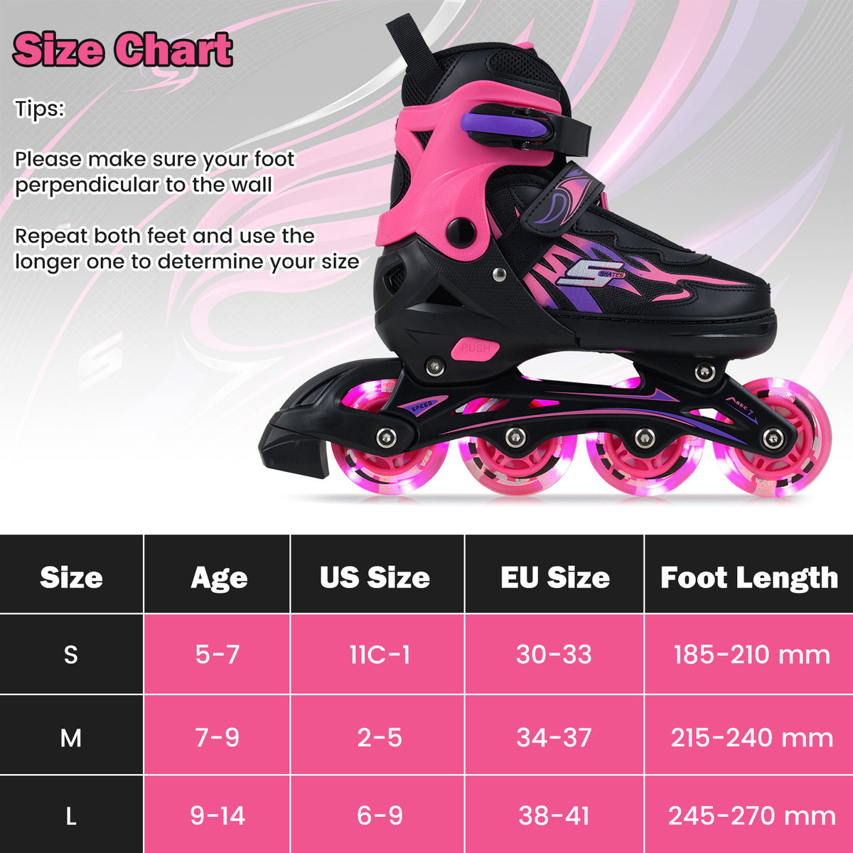 The toy sports skates shown next to a table detailing sizing information for children