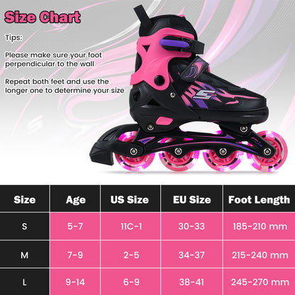 The toy sports skates shown next to a table detailing sizing information for children