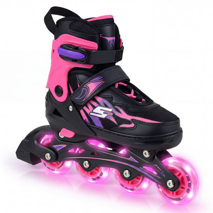 Close-up of a pink and black adjustable inline skate with glowing wheels