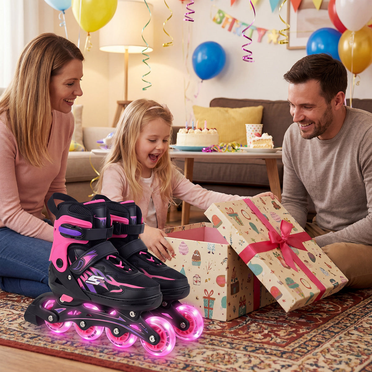A girl receives pink and black adjustable inline skates as a gift from her parents
