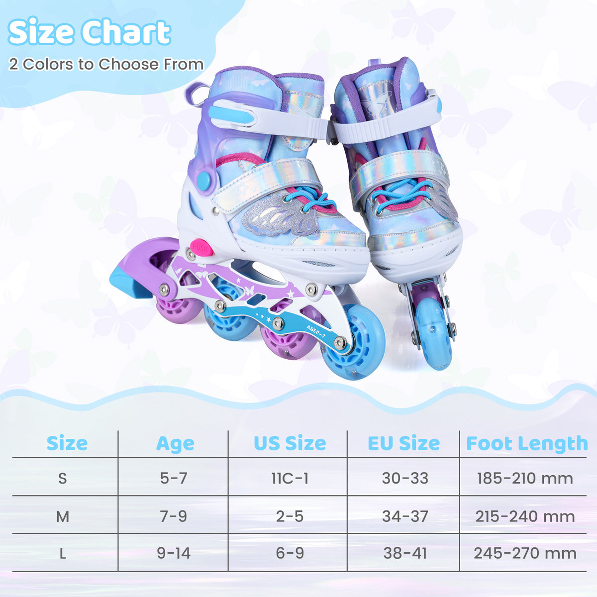 Size chart for the blue adjustable beginner skates, showing sizes S and L with corresponding age and foot length
