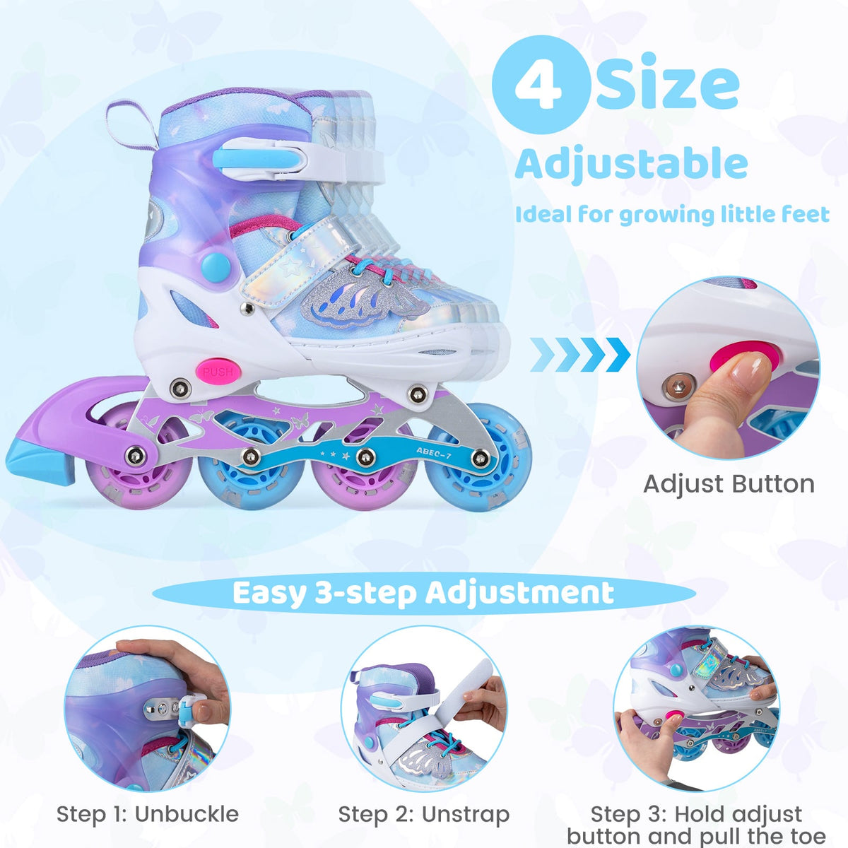 A diagram showing how to adjust the length of the blue adjustable inline skates using a button and strap