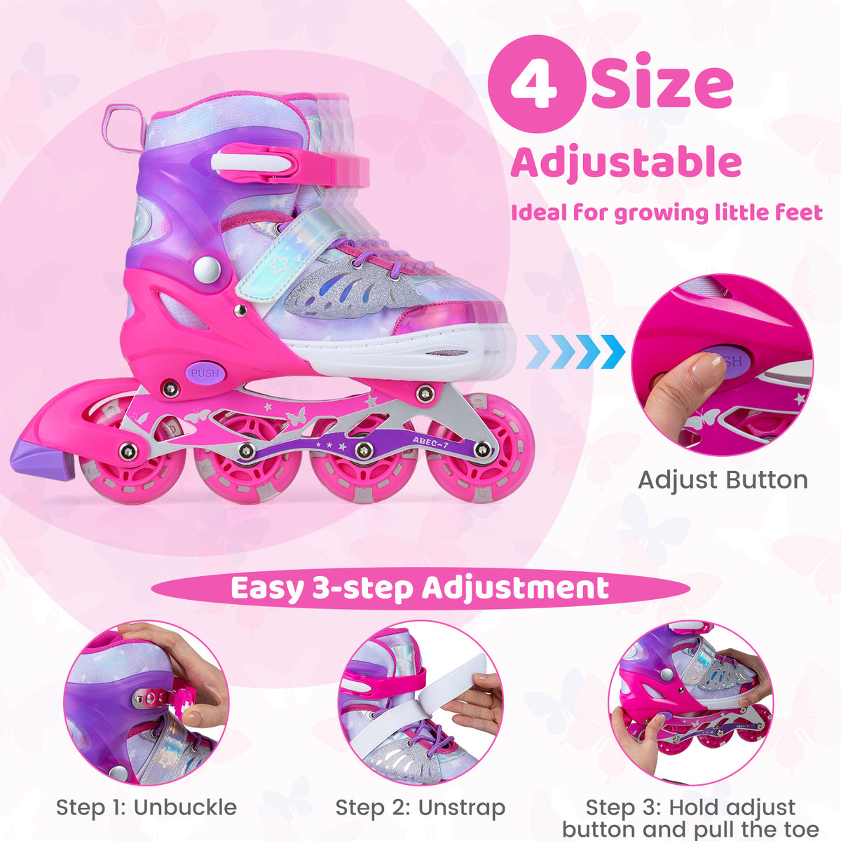 Diagram showing how to adjust the pink inline skates using the adjustment button