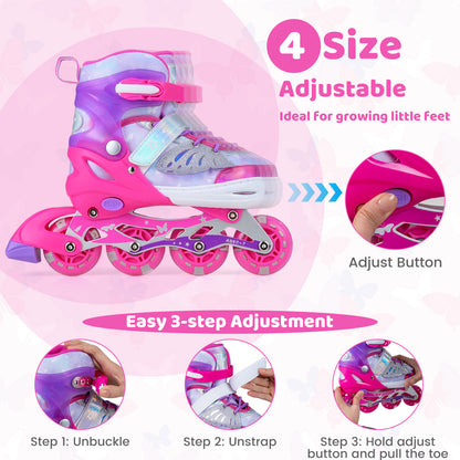 Diagram showing how to adjust the pink inline skates using the adjustment button
