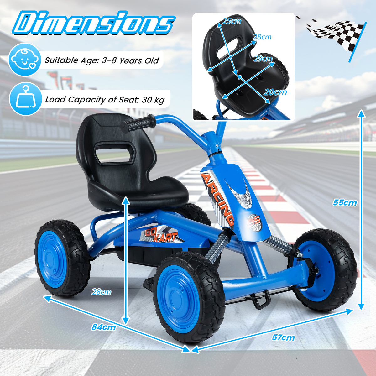 The pedal ride on toy with arrows showing the dimensions and seat measurements on a track