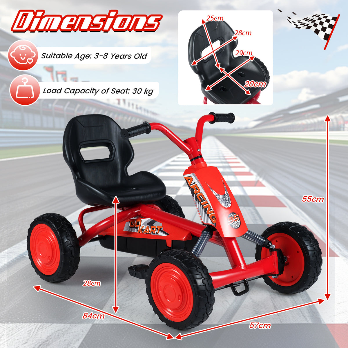 Dimensions diagram showing the size of the red pedal go kart