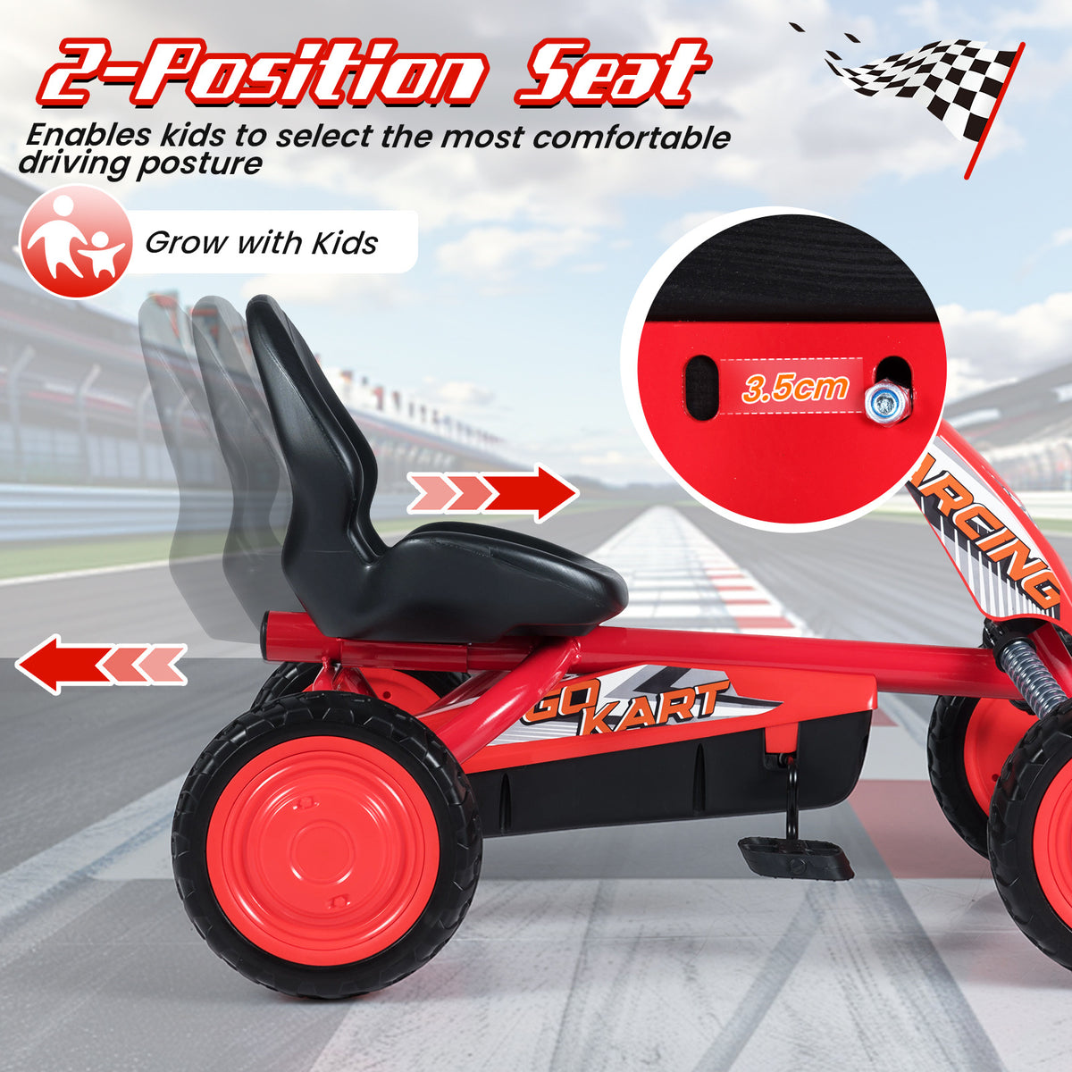 Close-up of the adjustable 2-position seat on the red pedal go kart