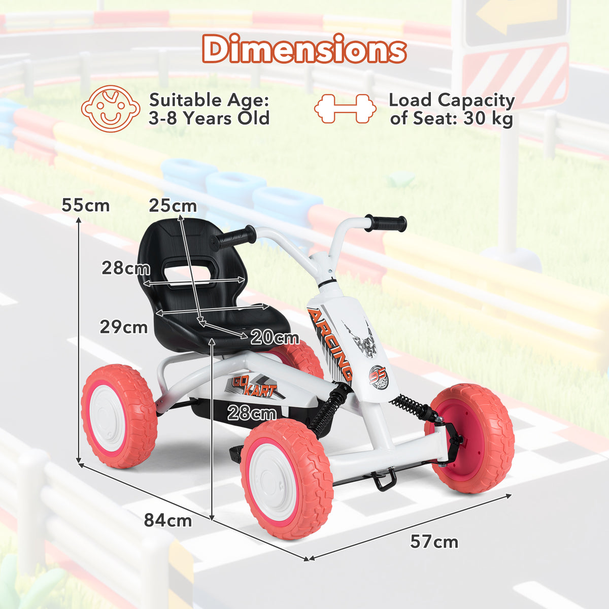 Dimensions diagram for the white pedal go kart showing measurements