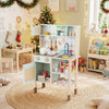 Kids Play Kitchen Wooden Pretend Kitchen Playset with Rattan Doors Wood Legs-Green