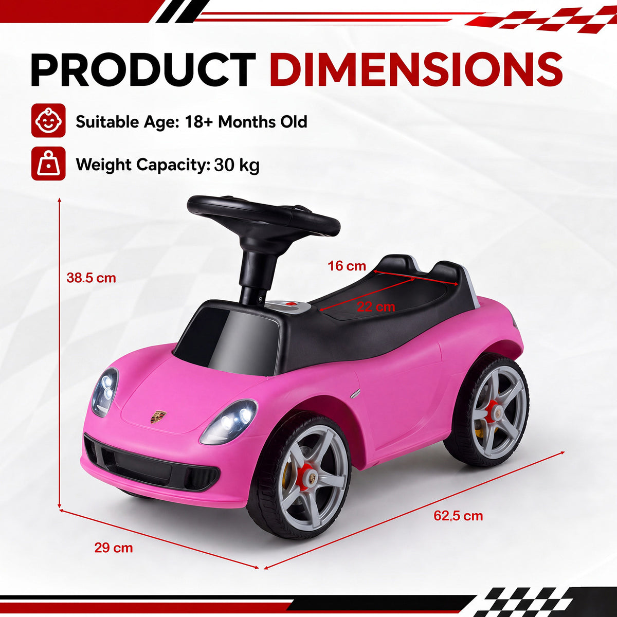 The pink sliding car with red dimension lines and text showing size specifications