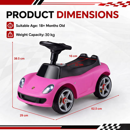 The pink sliding car with red dimension lines and text showing size specifications