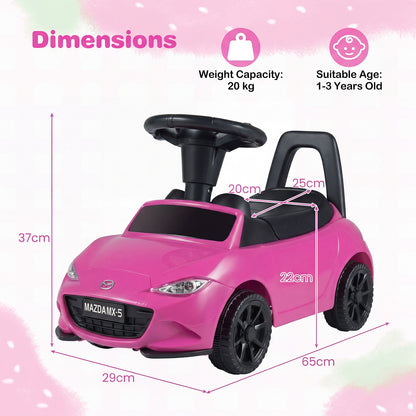 Pink Mazda ride on toy with dimensions and weight capacity shown
