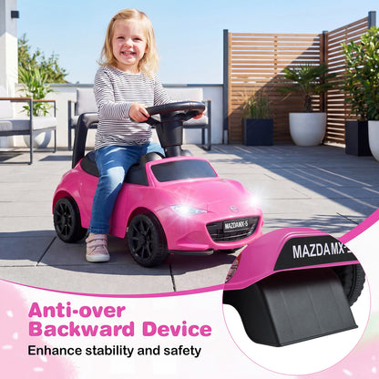Close up of the anti-tip device on the pink Mazda ride on toy