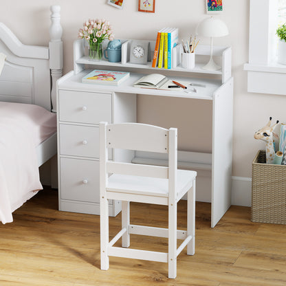 Kids Study Desk and Chair Set Wooden Children Writing Desk with Hutch-White