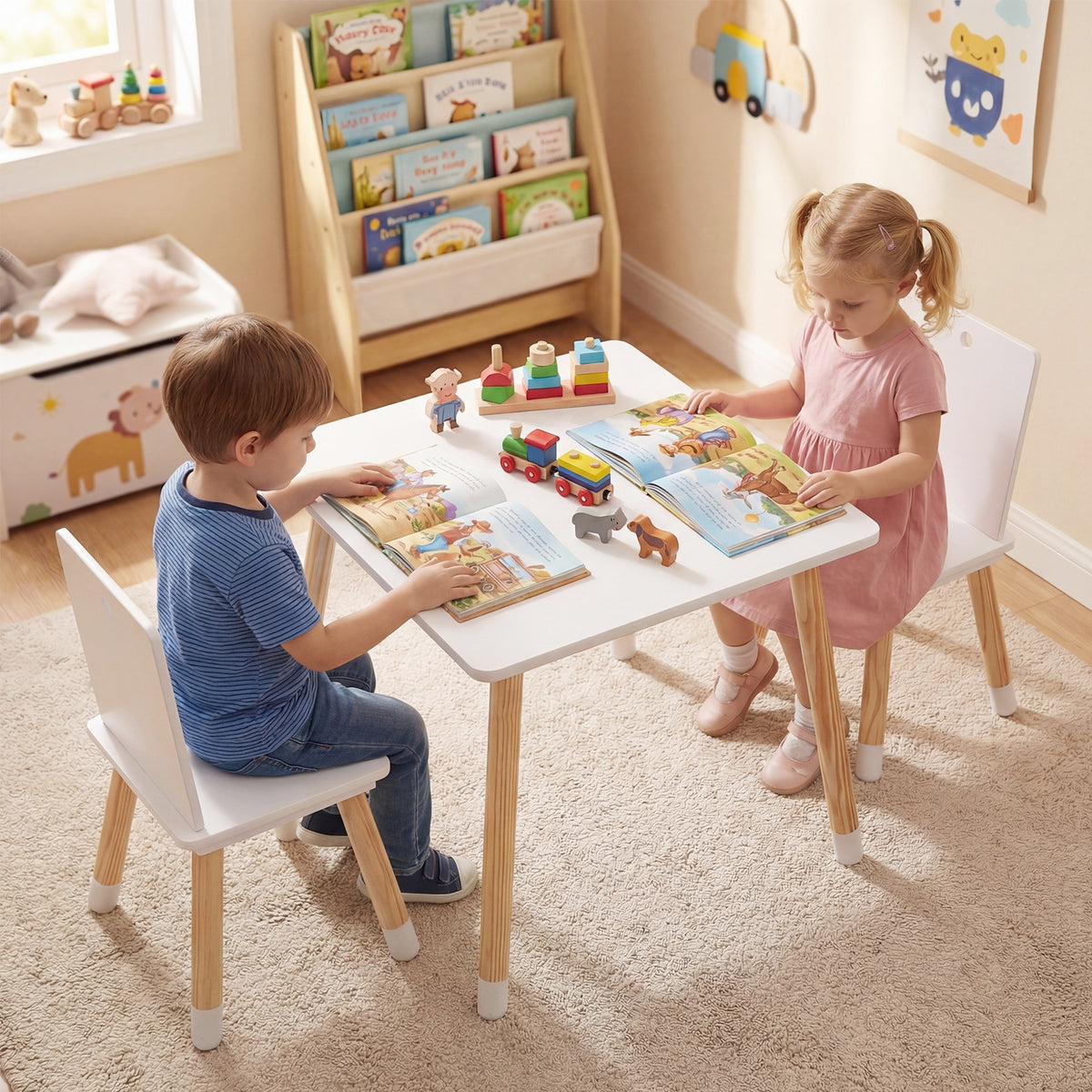 Kids Table and Chairs Set with Pine Wood Legs for Playing Learning Eating-White