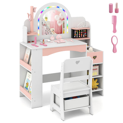 Kids Vanity Desk with Mirror Lights and Open Storage Shelves-White