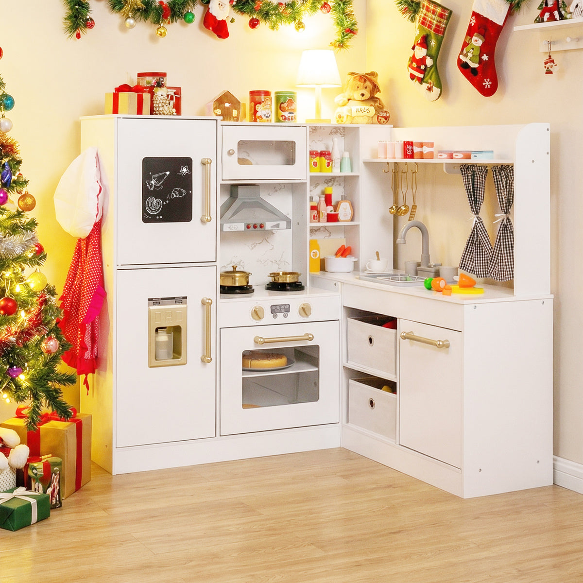 Kids Wooden Corner Play Kitchen in White