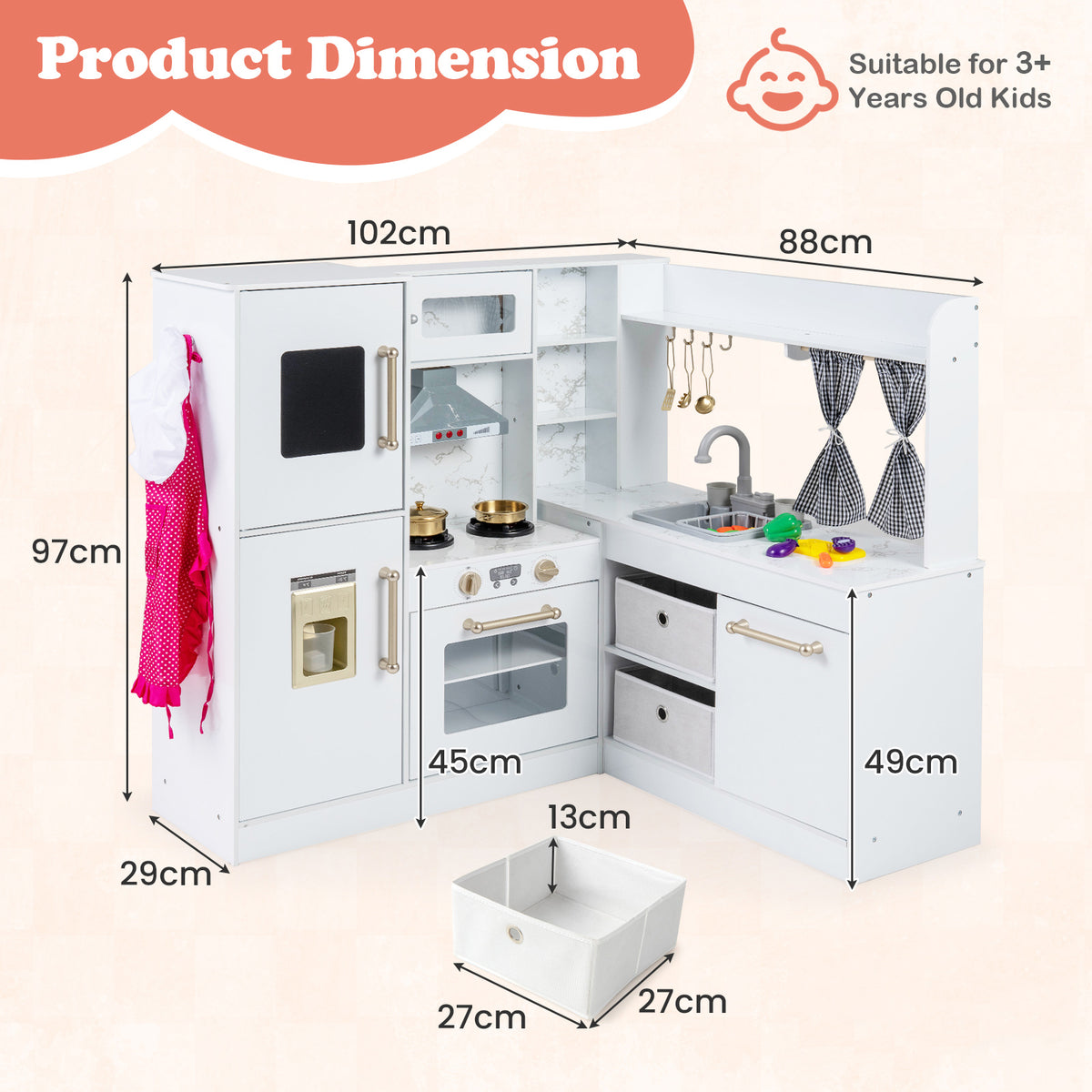 Kids Wooden Corner Play Kitchen in White