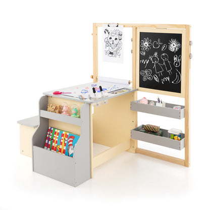 Kids Art Easel Table and Bench Set with adjustable easel and bookshelf in grey