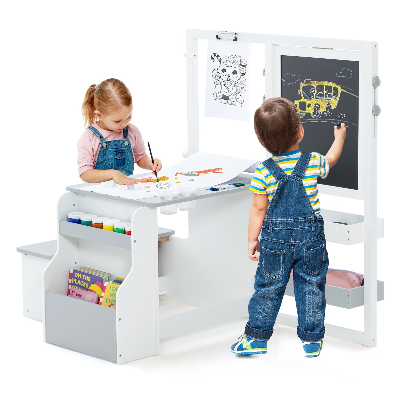 Kids Art Easel Table and Bench Set with Adjustable Easel and Bookshelf-Light Grey